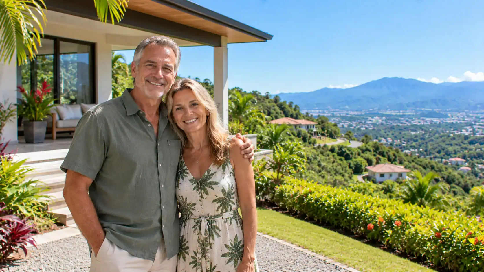A couple standing outside a house they bought in a Costa Rican hillside neighbourhood