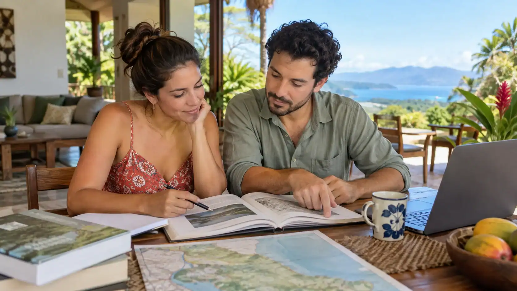A couple studying Costa Rican history and civics together for the citizenship exam at home