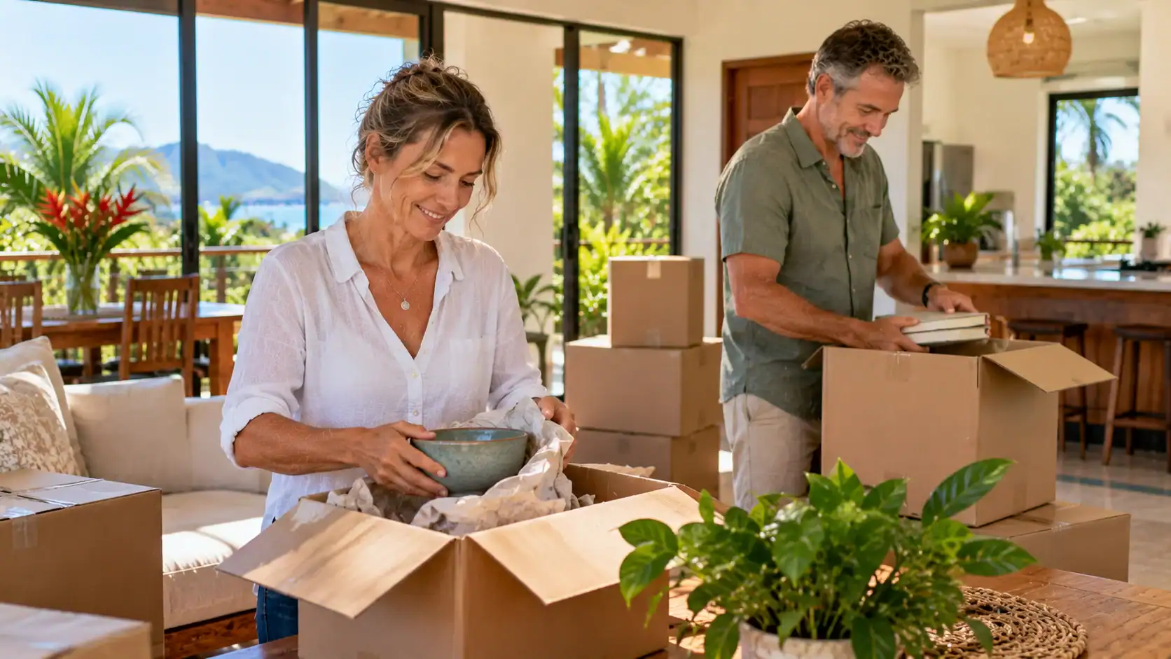 A couple unpacking boxes in their new rented home in Costa Rica