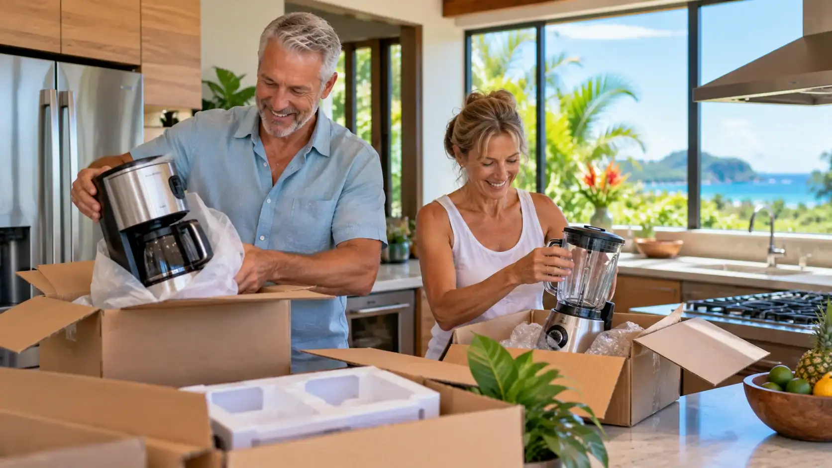 A couple unpacking new kitchen appliances in their Costa Rican home