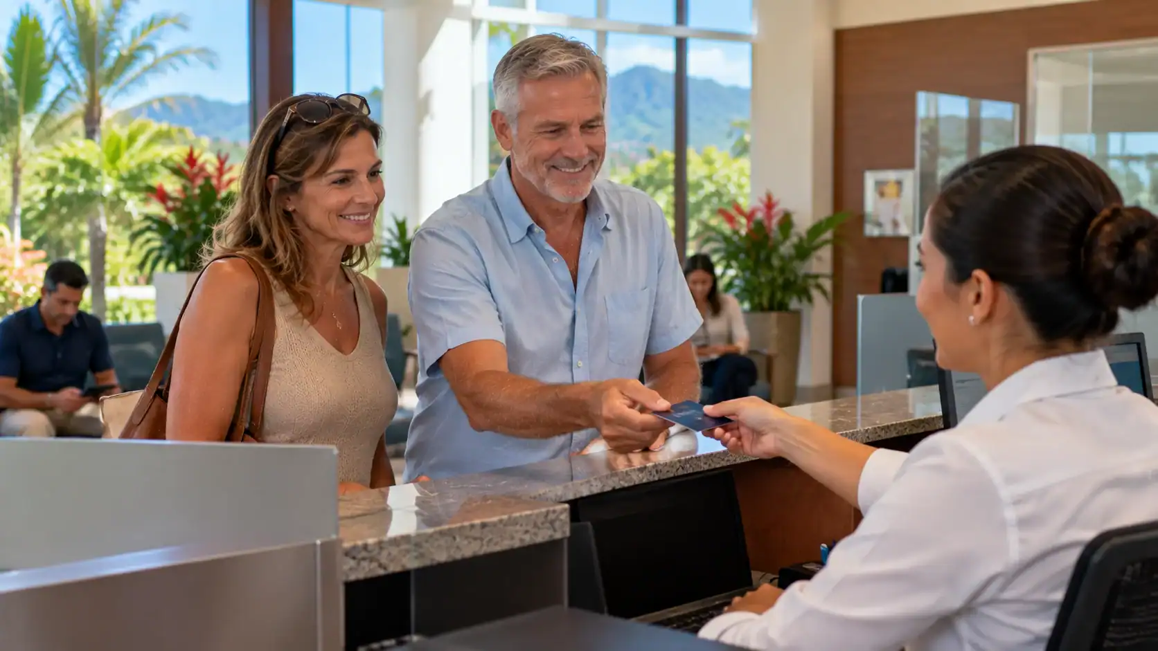 A couple waiting at a bank branch counter to collect a card in Costa Rica