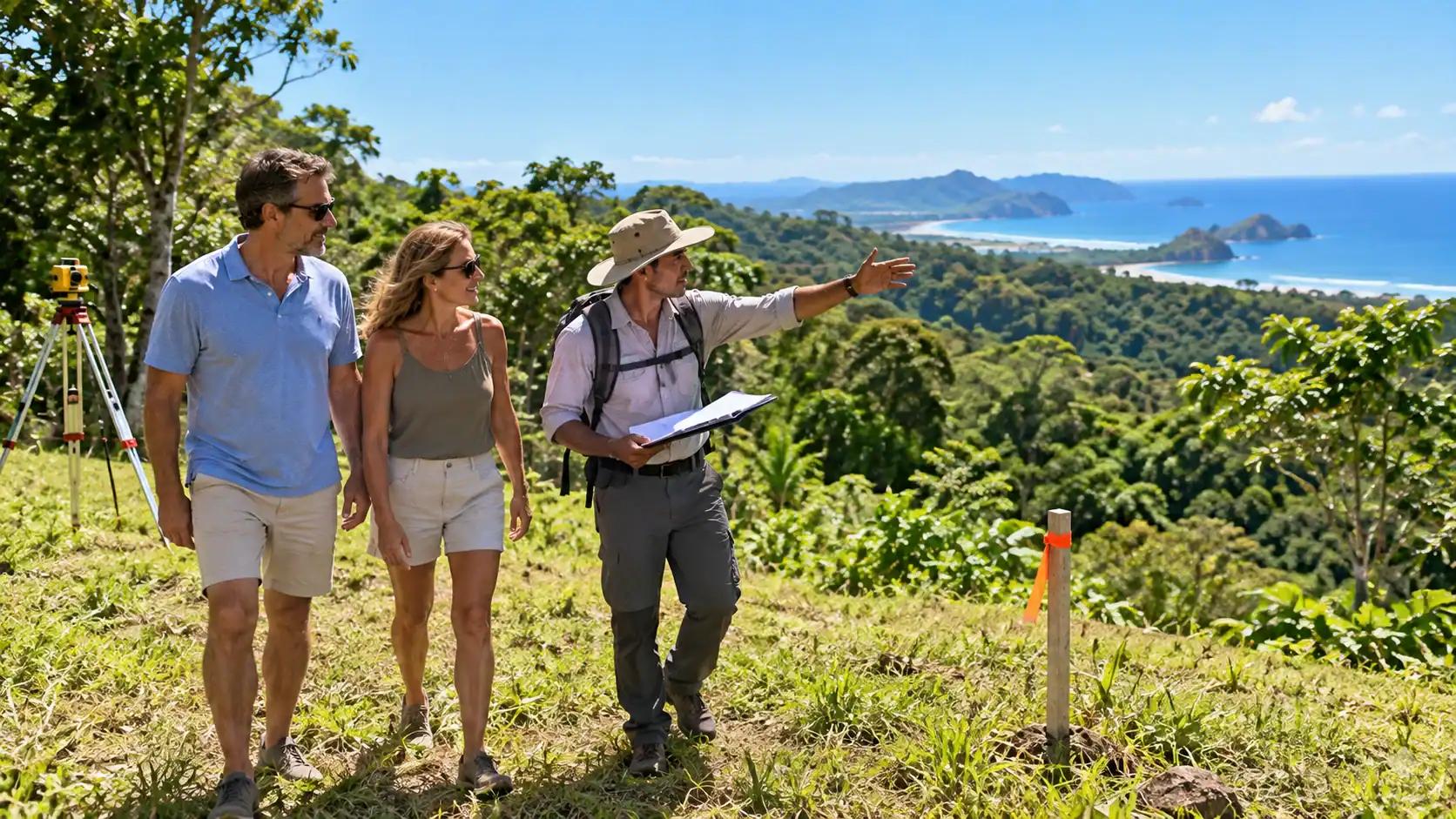 A couple walking a property boundary with a surveyor on a green hillside lot