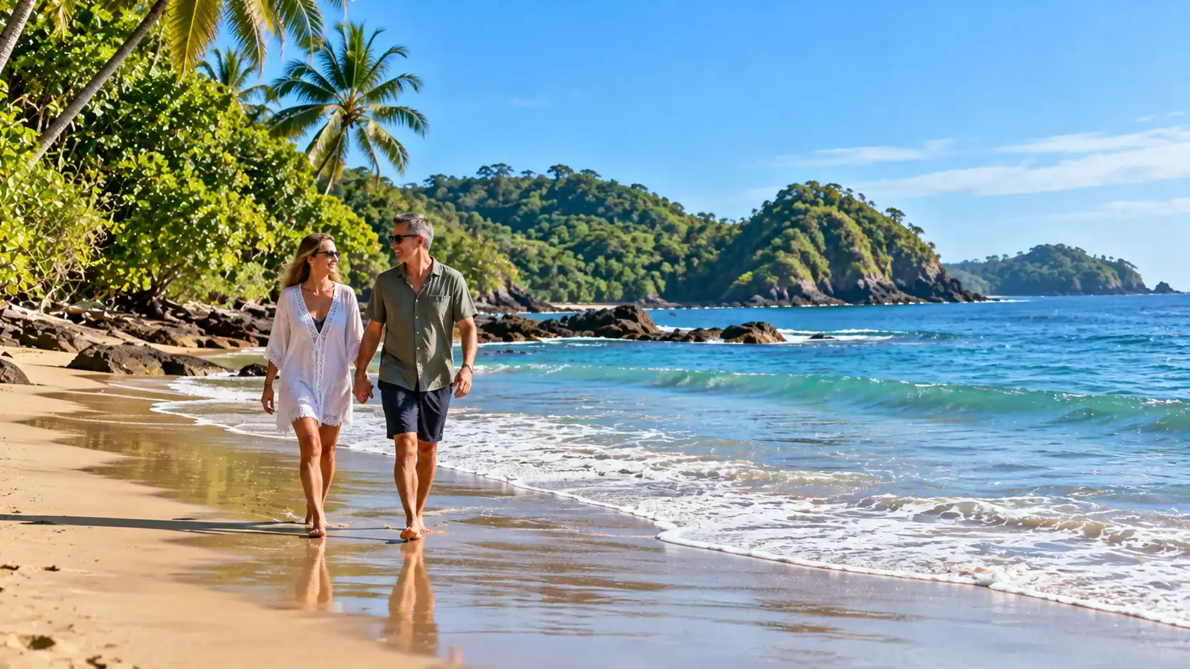 A couple walking barefoot along the shore at a quiet Costa Rican beach