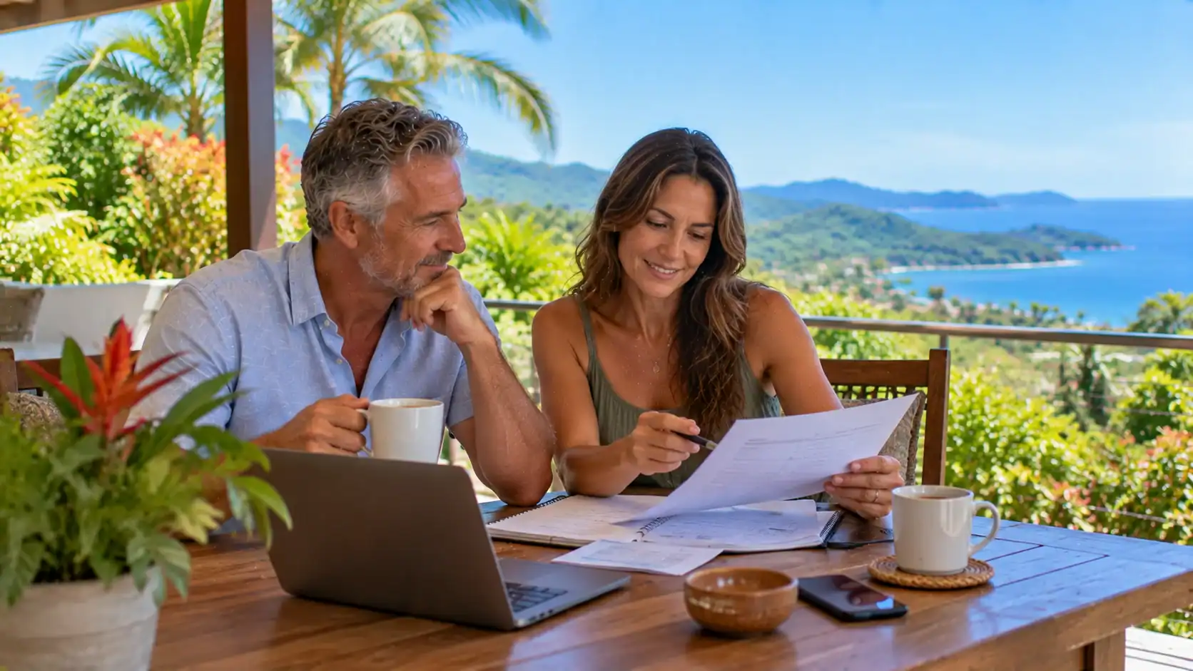 A couple weighing their residency options over coffee on a terrace in Costa Rica