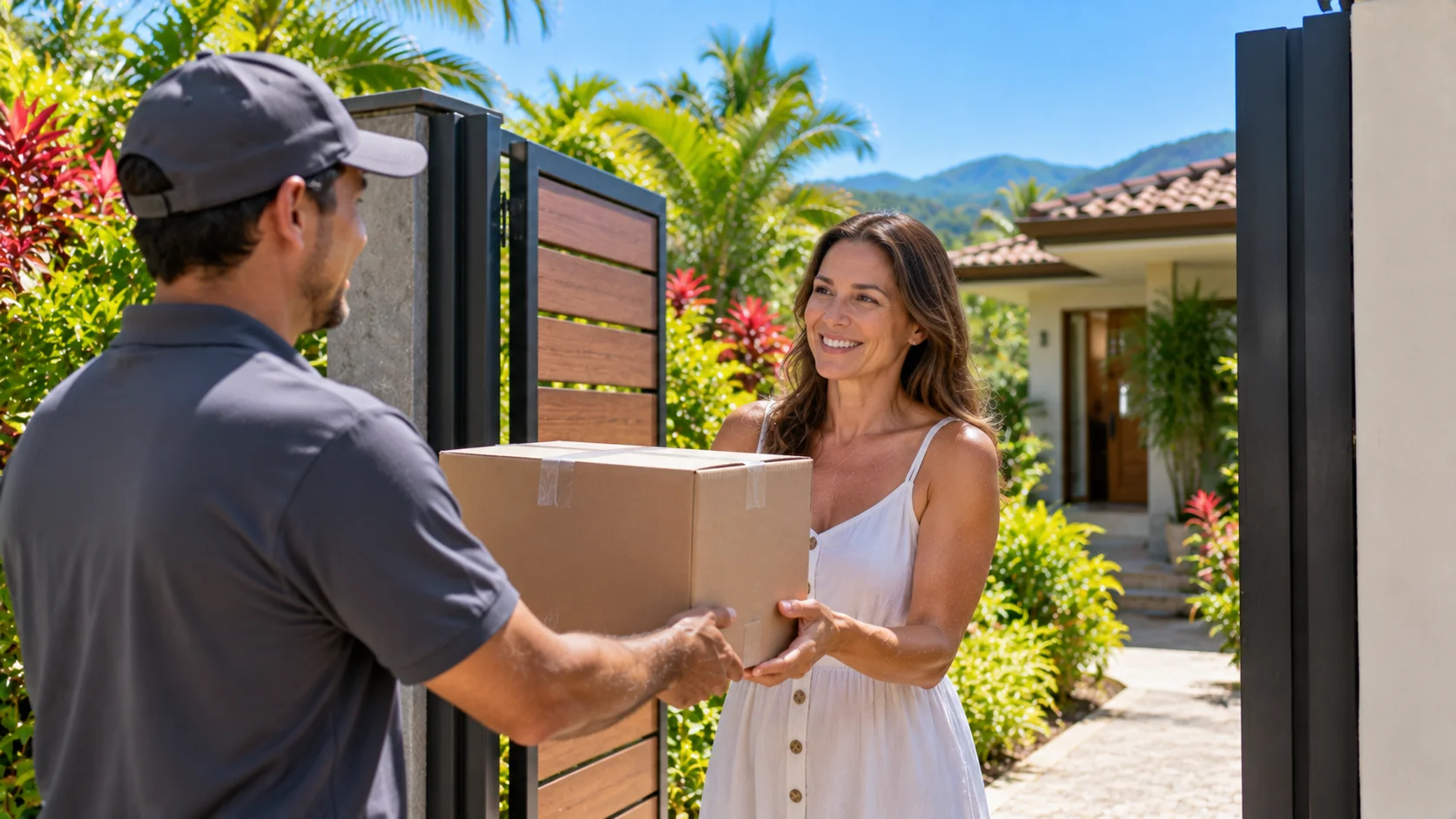 A courier delivering a cardboard box to a woman at her gate in Costa Rica