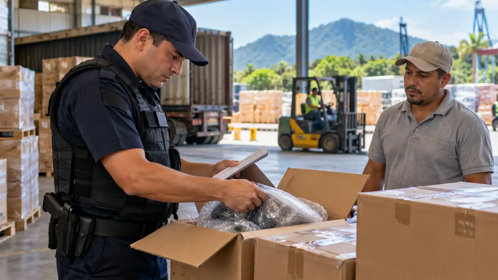 A customs officer inspecting imported boxes in a warehouse in Costa Rica