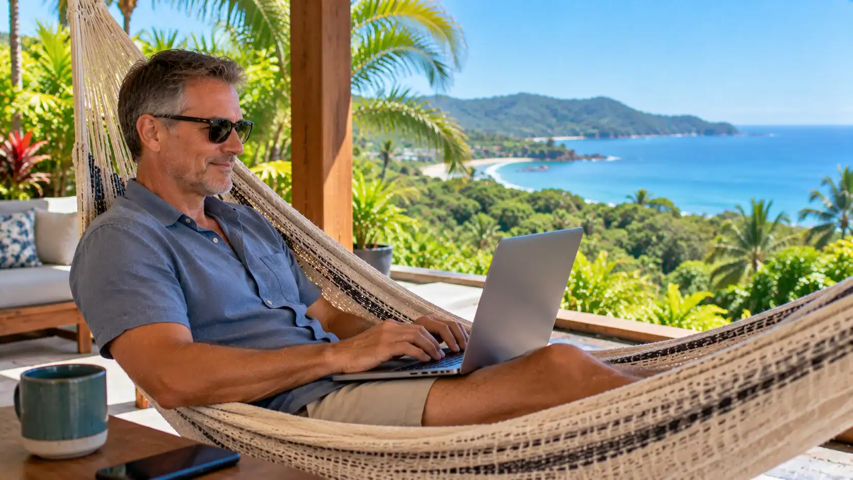 A digital nomad working on a laptop in a hammock with ocean views