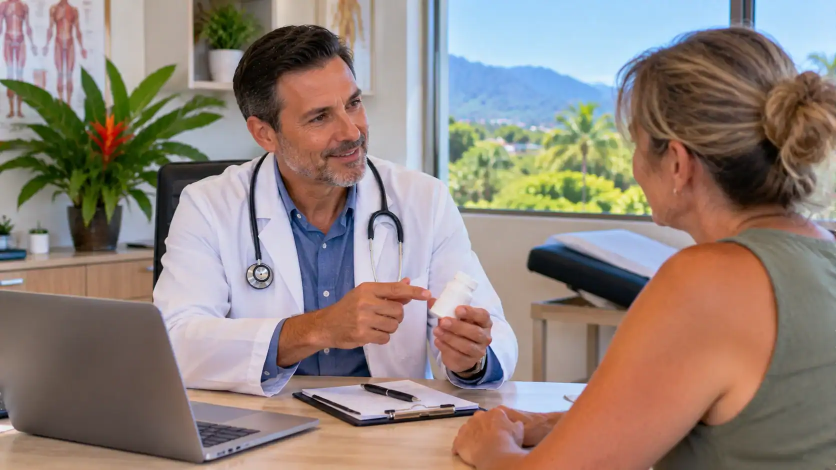 A doctor discussing a prescription with a patient in a clinic office