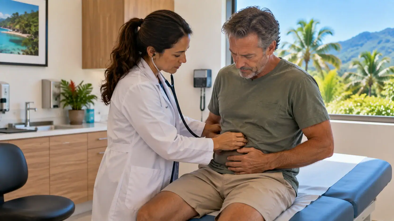 A doctor examining a patient with an upset stomach at a clinic