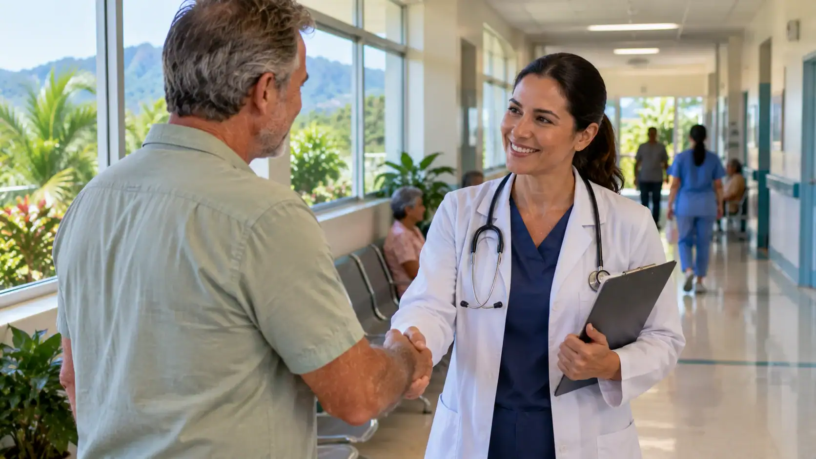 A doctor greeting a patient in a Costa Rican public hospital