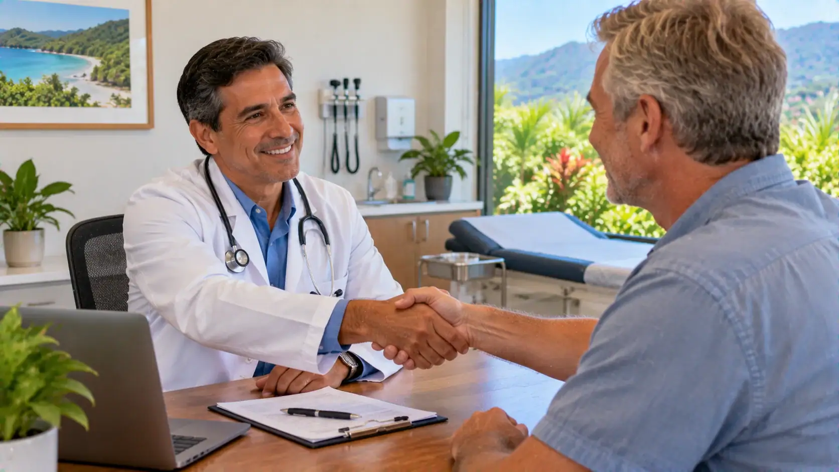 A doctor shaking hands with an expat patient in a private clinic
