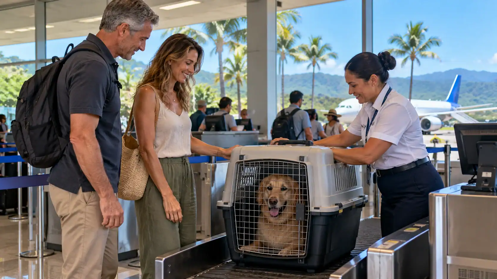 A dog in an airline travel crate being checked in at a Costa Rican airport
