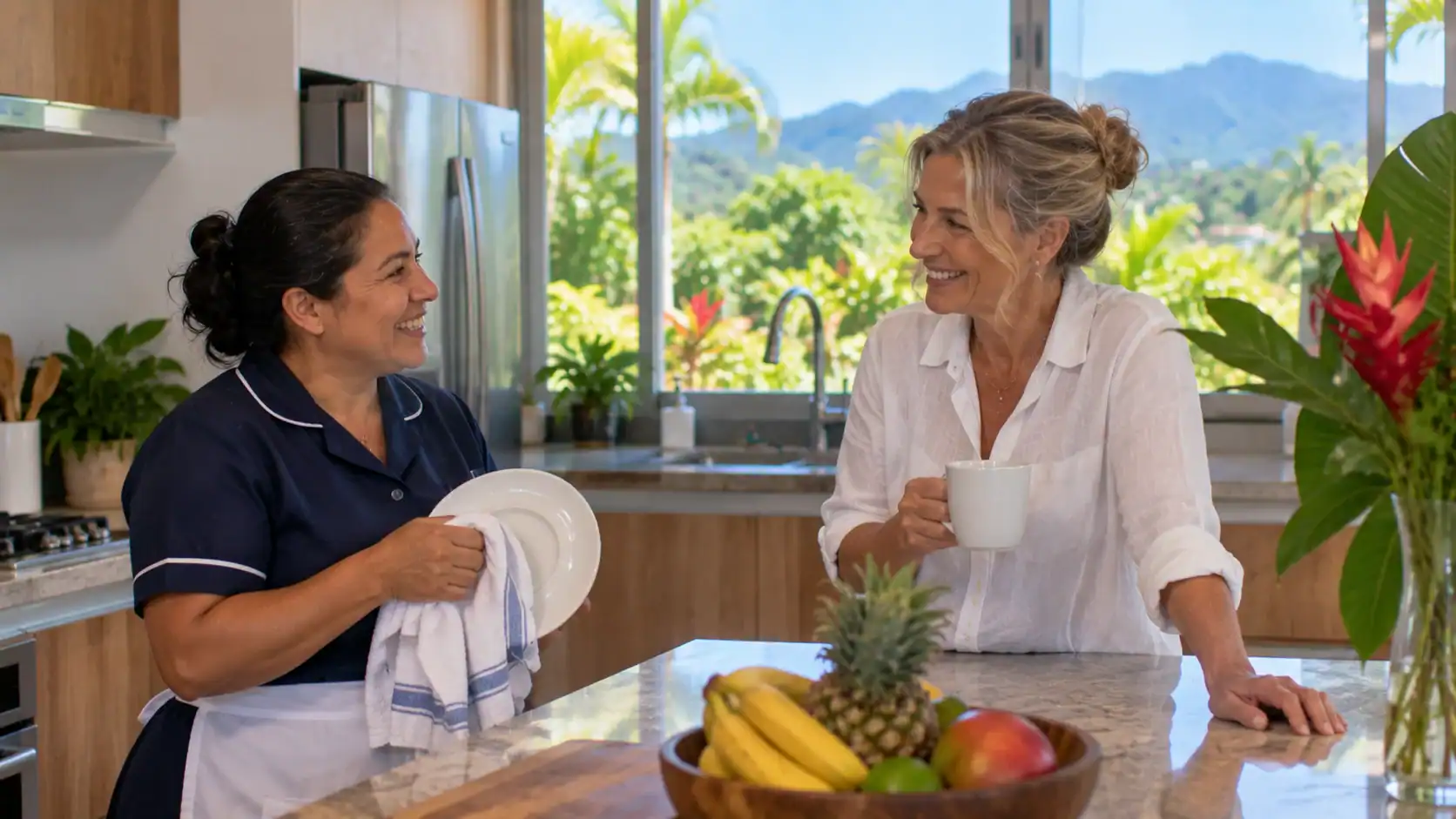 A domestic worker and the homeowner chatting in a sunny kitchen in Costa Rica