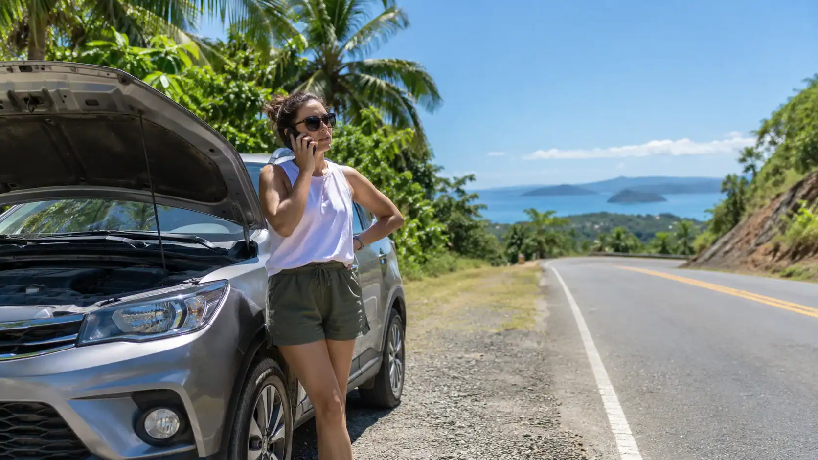 A driver with a broken-down car calling for roadside help on a sunny country road in Costa Rica