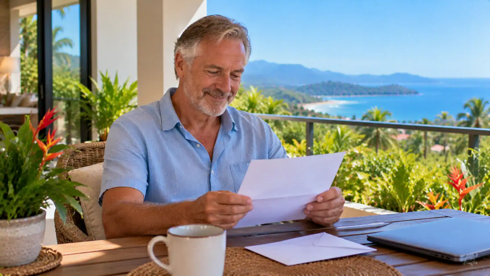 A European retiree reviewing a renewal letter on a sunny balcony in Costa Rica