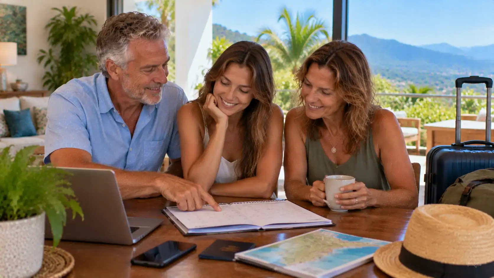 A family looking at a travel calendar together before a trip abroad