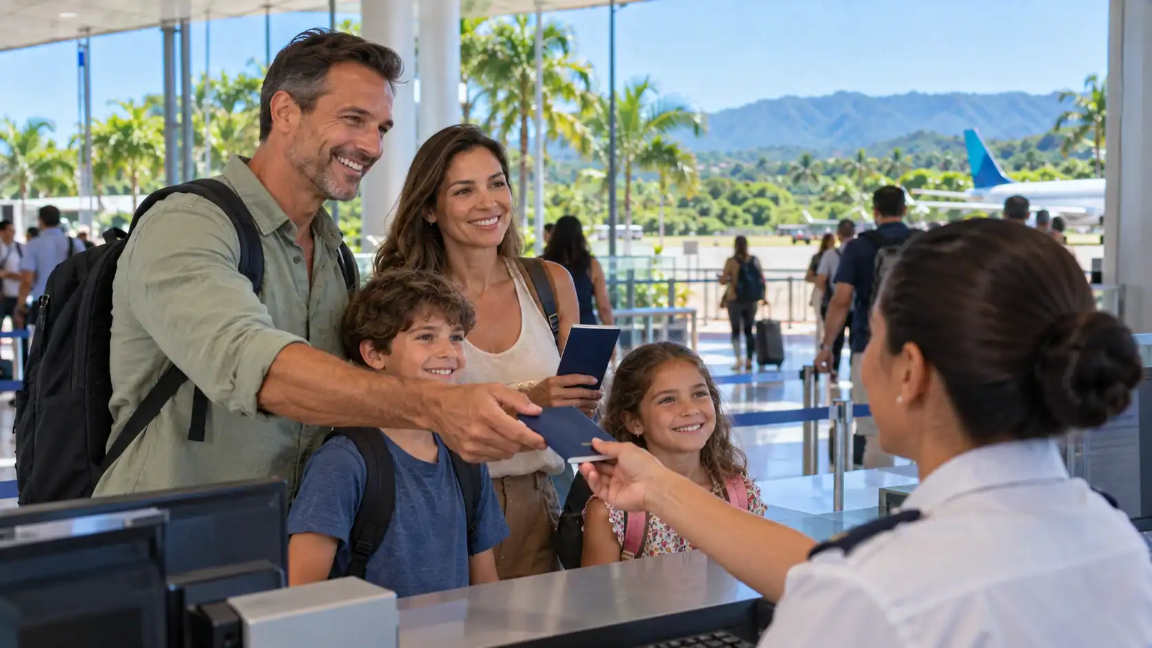 A family presenting passports in an airport immigration hall in Costa Rica
