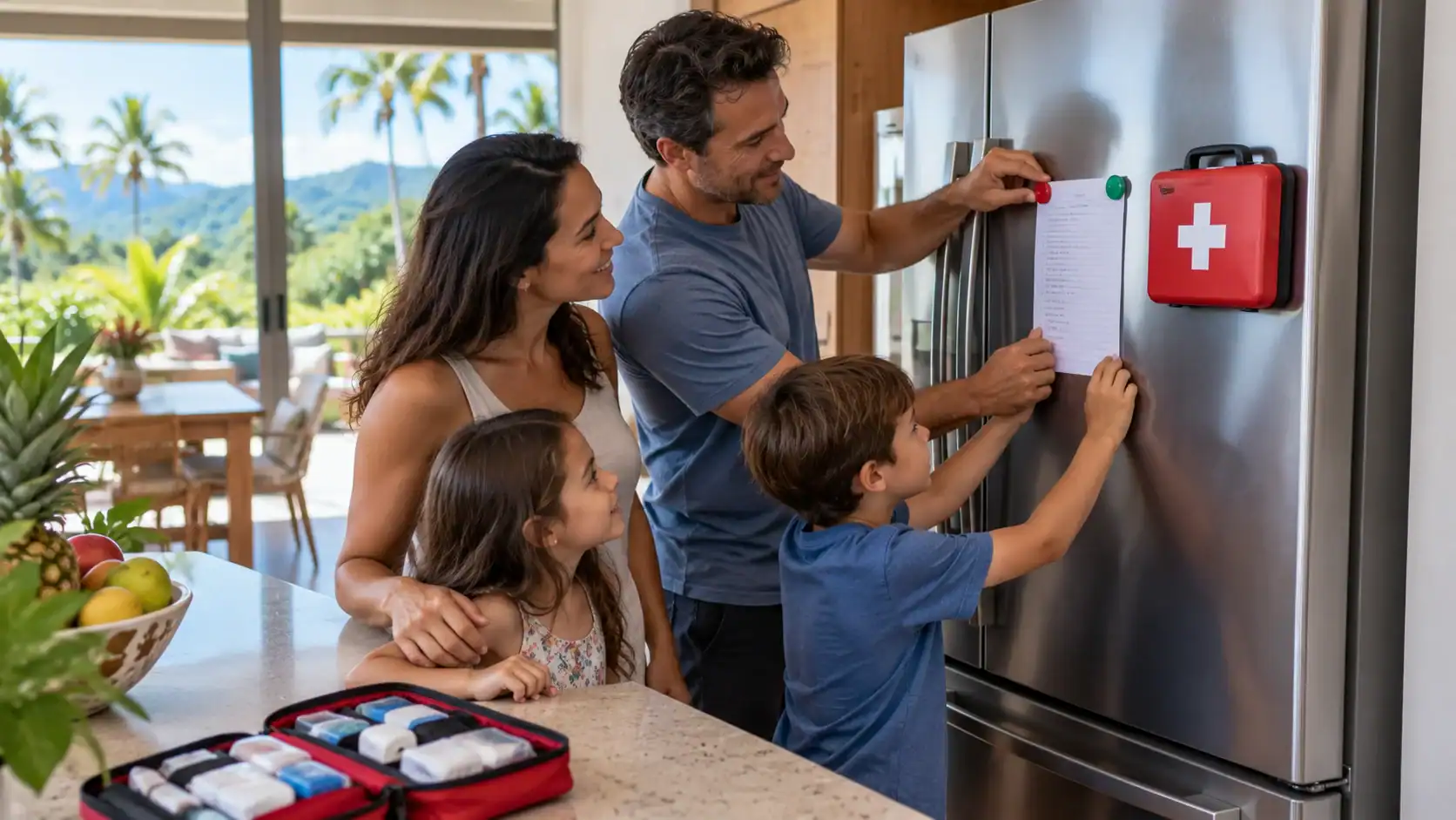 A family putting a first-aid kit and emergency contact list on the fridge at home in Costa Rica