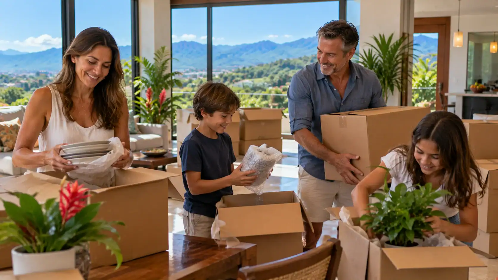 A family unpacking boxes in their new home in the Central Valley