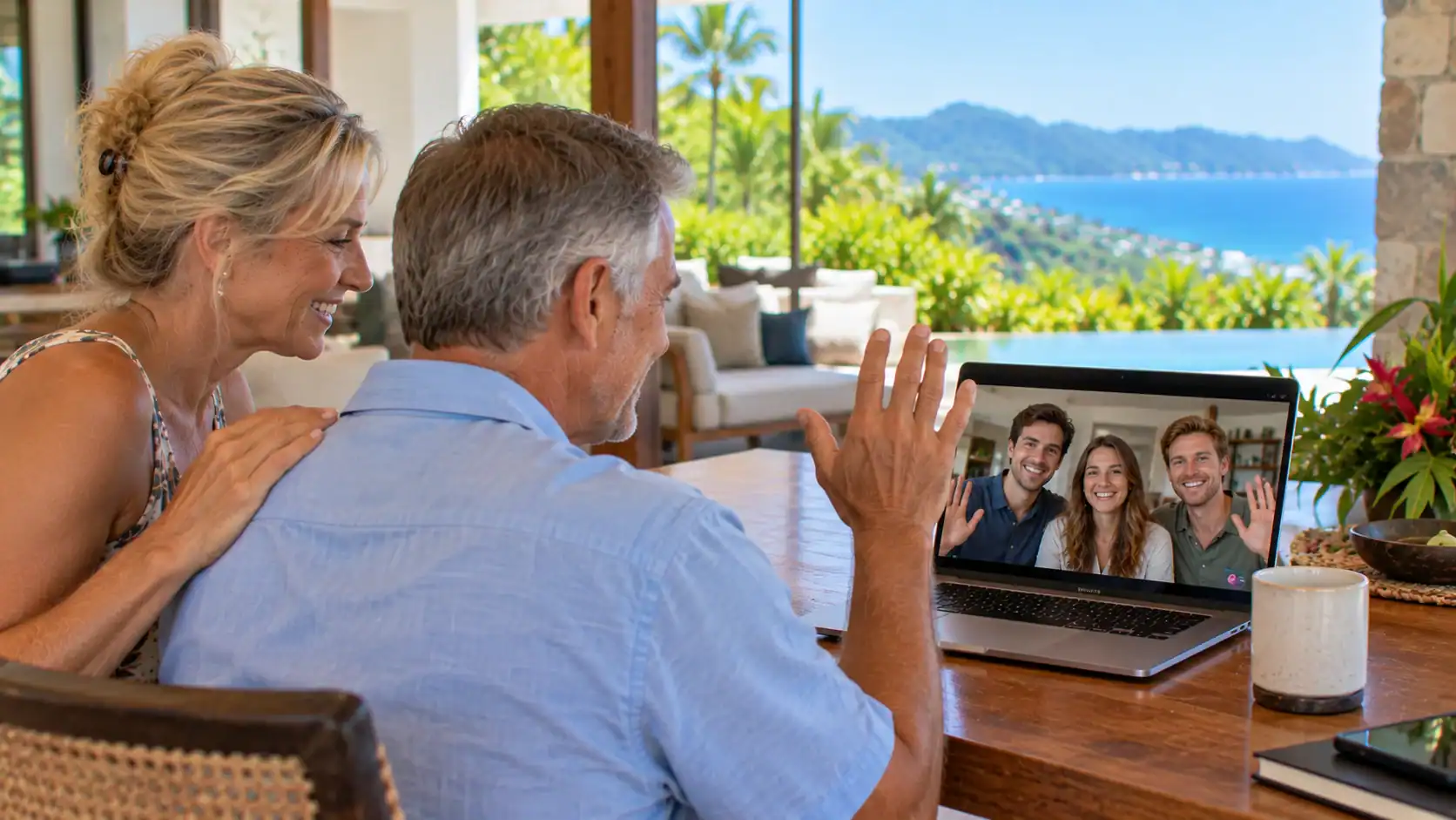 A family video call between an investor parent at home in Costa Rica and grown children abroad