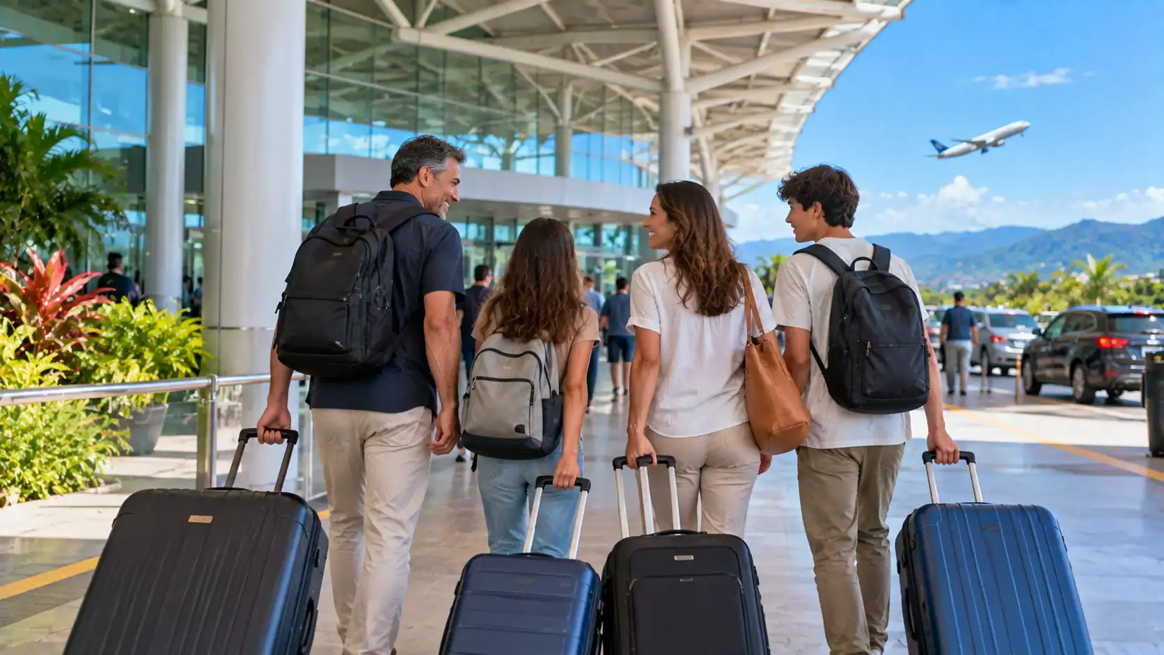 A family with suitcases at Juan Santamaría airport departures