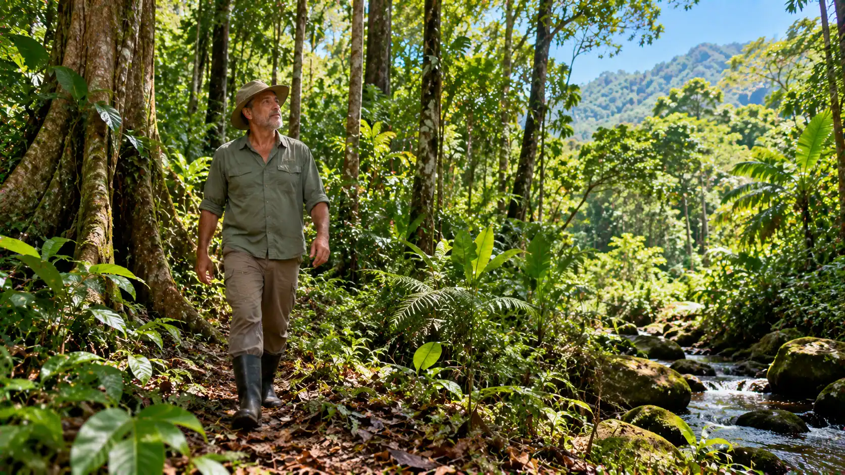 A farmer walking through a protected forest on his land