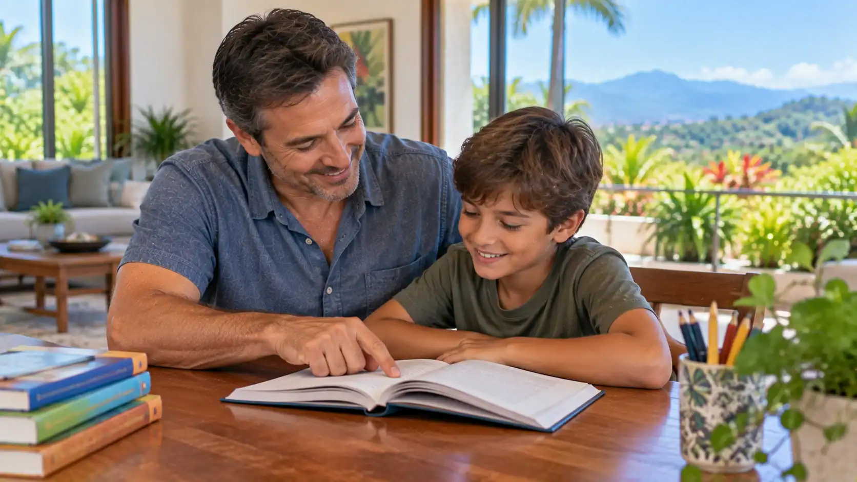 A father helping his son with reading at home in Costa Rica