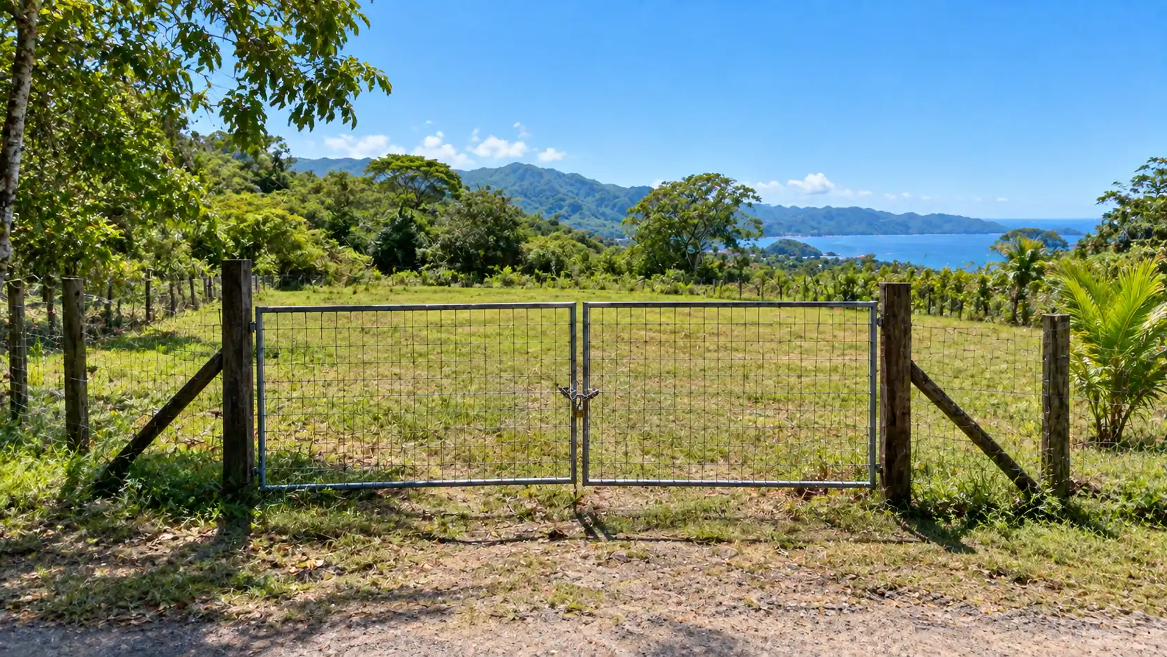 A fenced vacant lot with a locked gate in rural Costa Rica