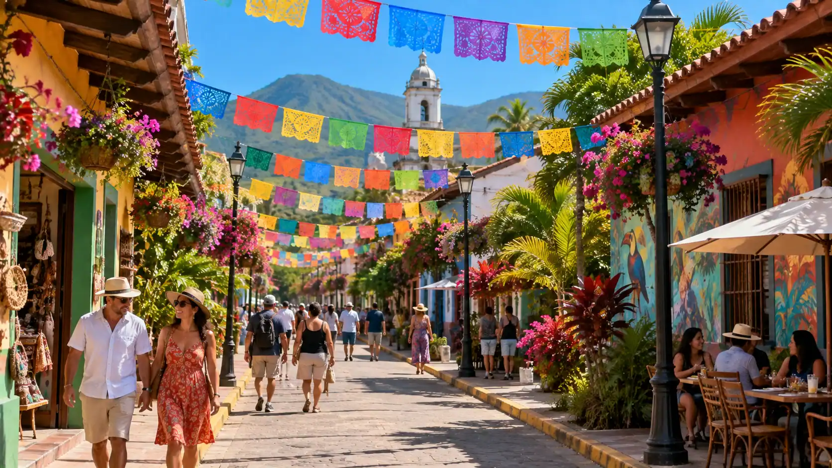 A festive street with paper decorations in a small Costa Rican town