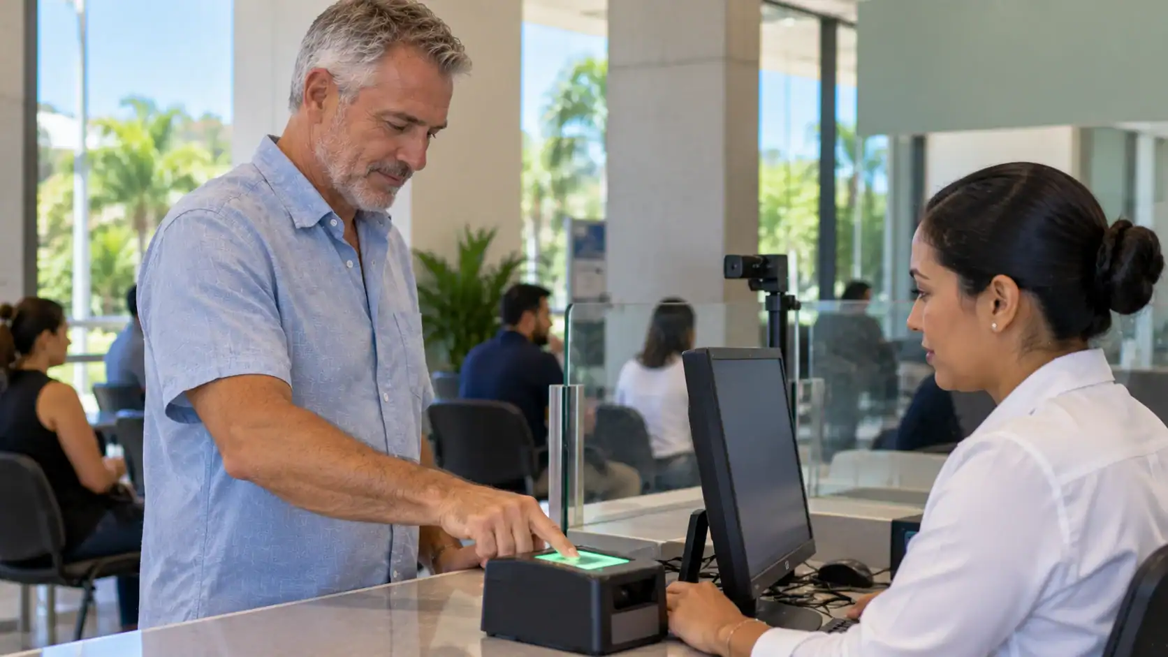 A fingerprint scanner being used at a government office counter