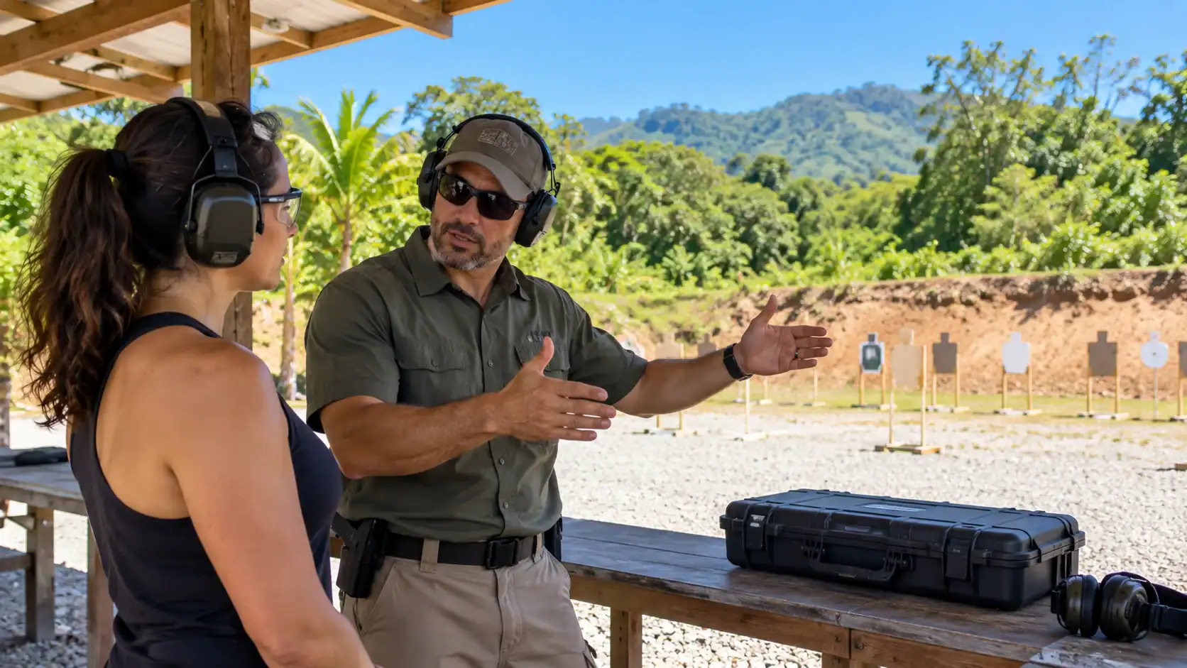 A firearms safety instructor explaining range rules to a student at an outdoor shooting range in Costa Rica
