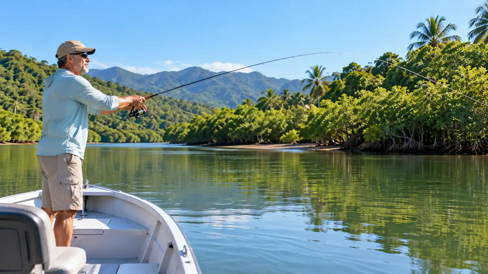 A fisherman casting a line from a boat on a calm river in Costa Rica