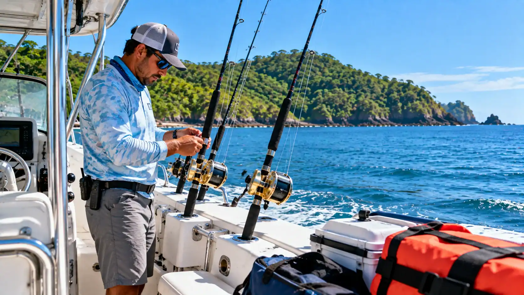 A fishing guide checking rods and safety gear on a boat