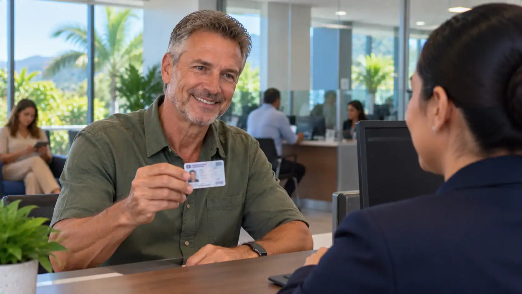A foreign resident holding a plastic ID card in a bank office