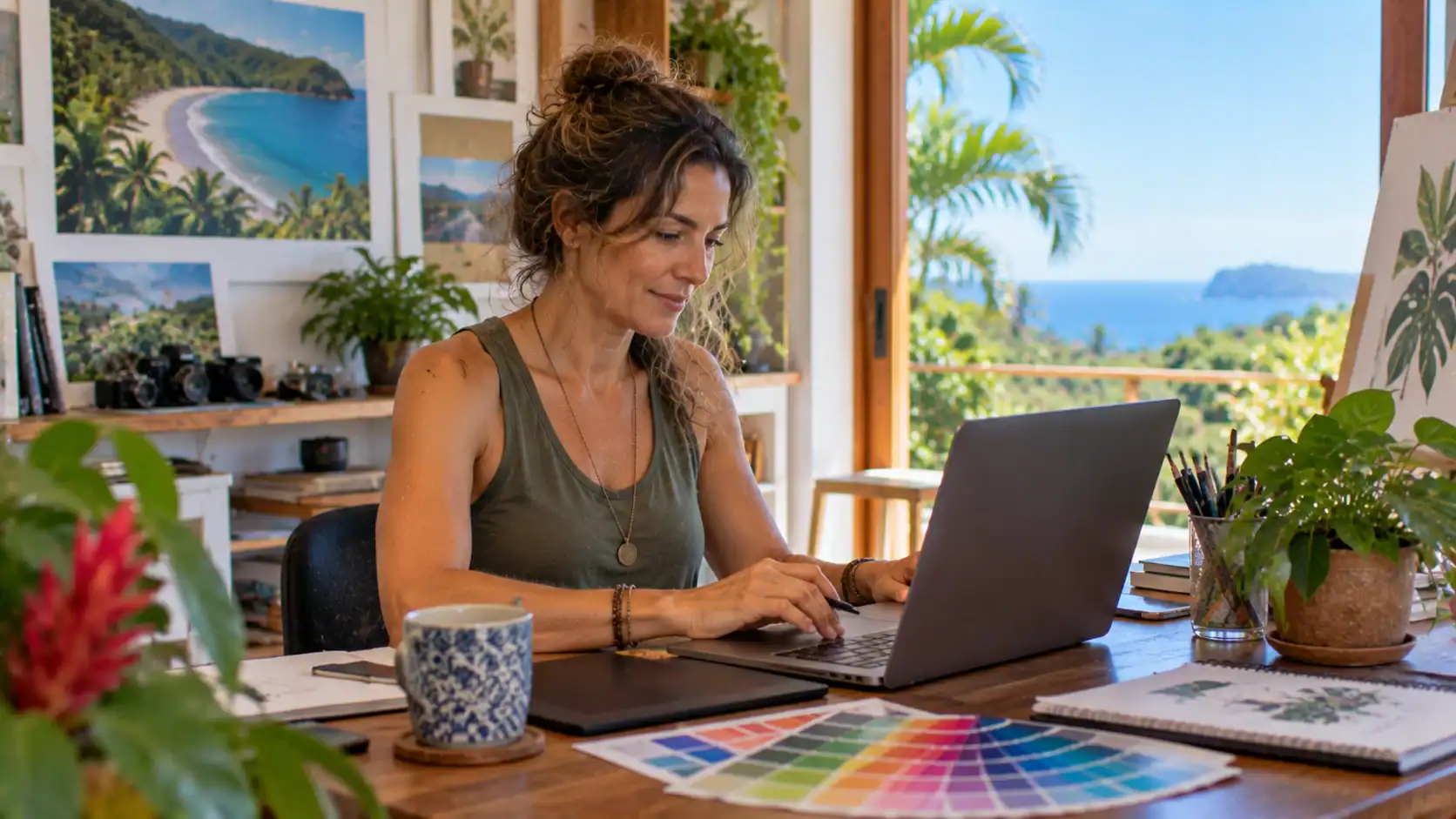 A freelance graphic designer working at a laptop in a bright Costa Rican home studio