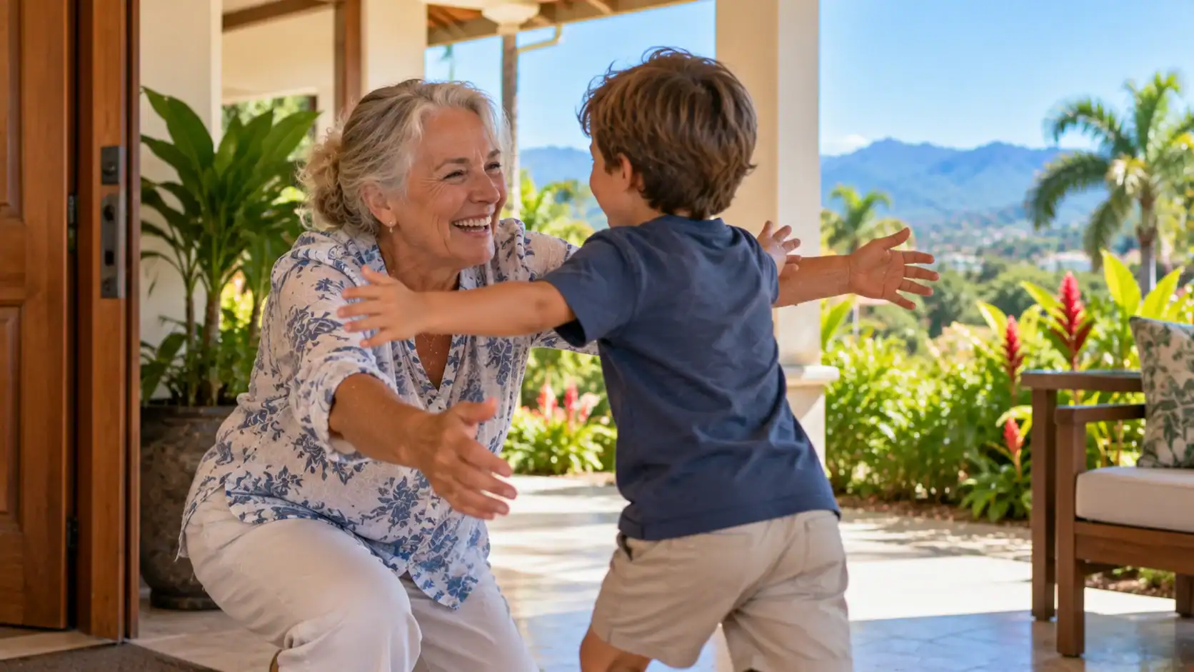 A grandmother greeting her grandson at a family home in Costa Rica