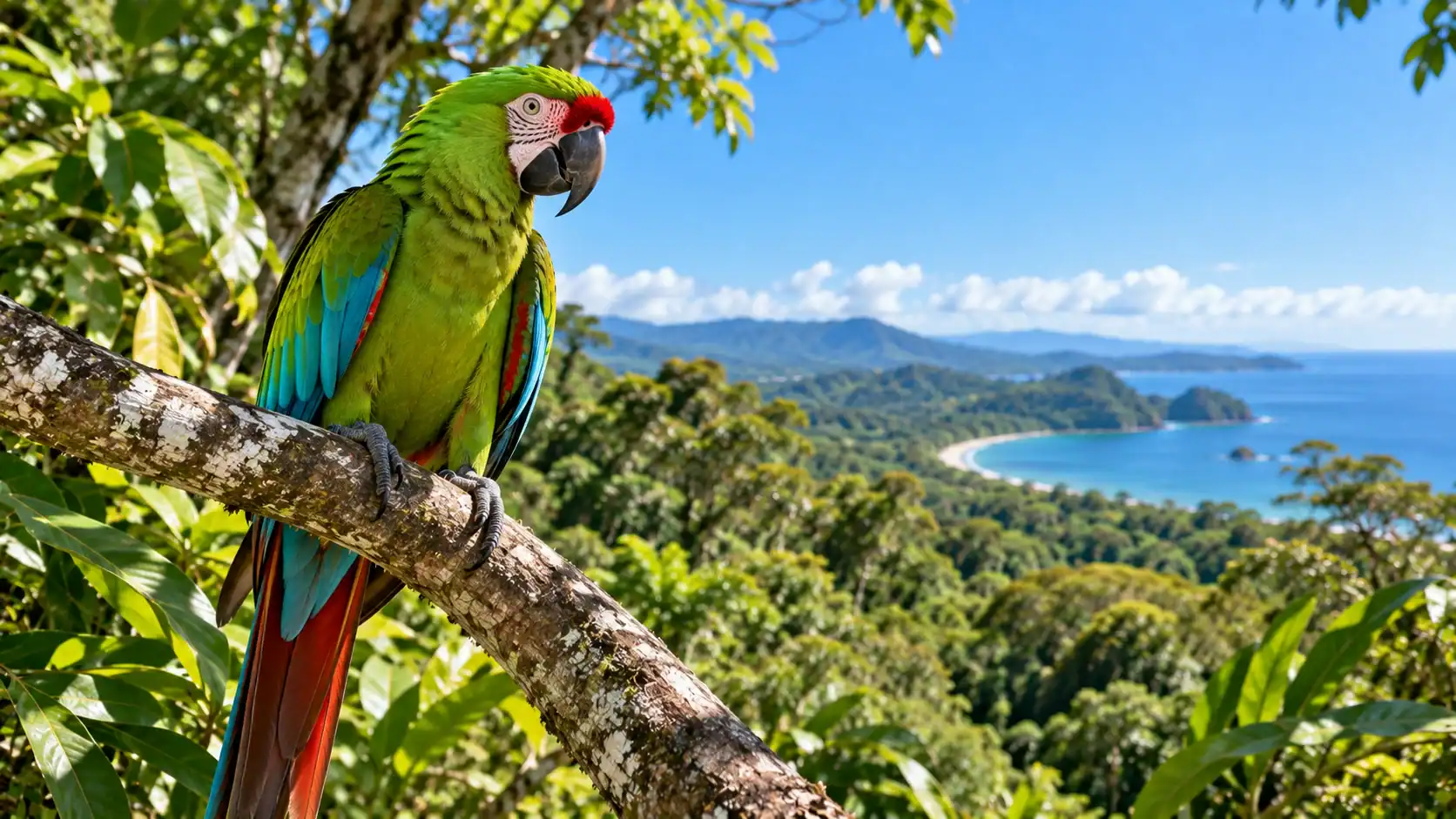 A great green macaw perched on a branch in Costa Rica