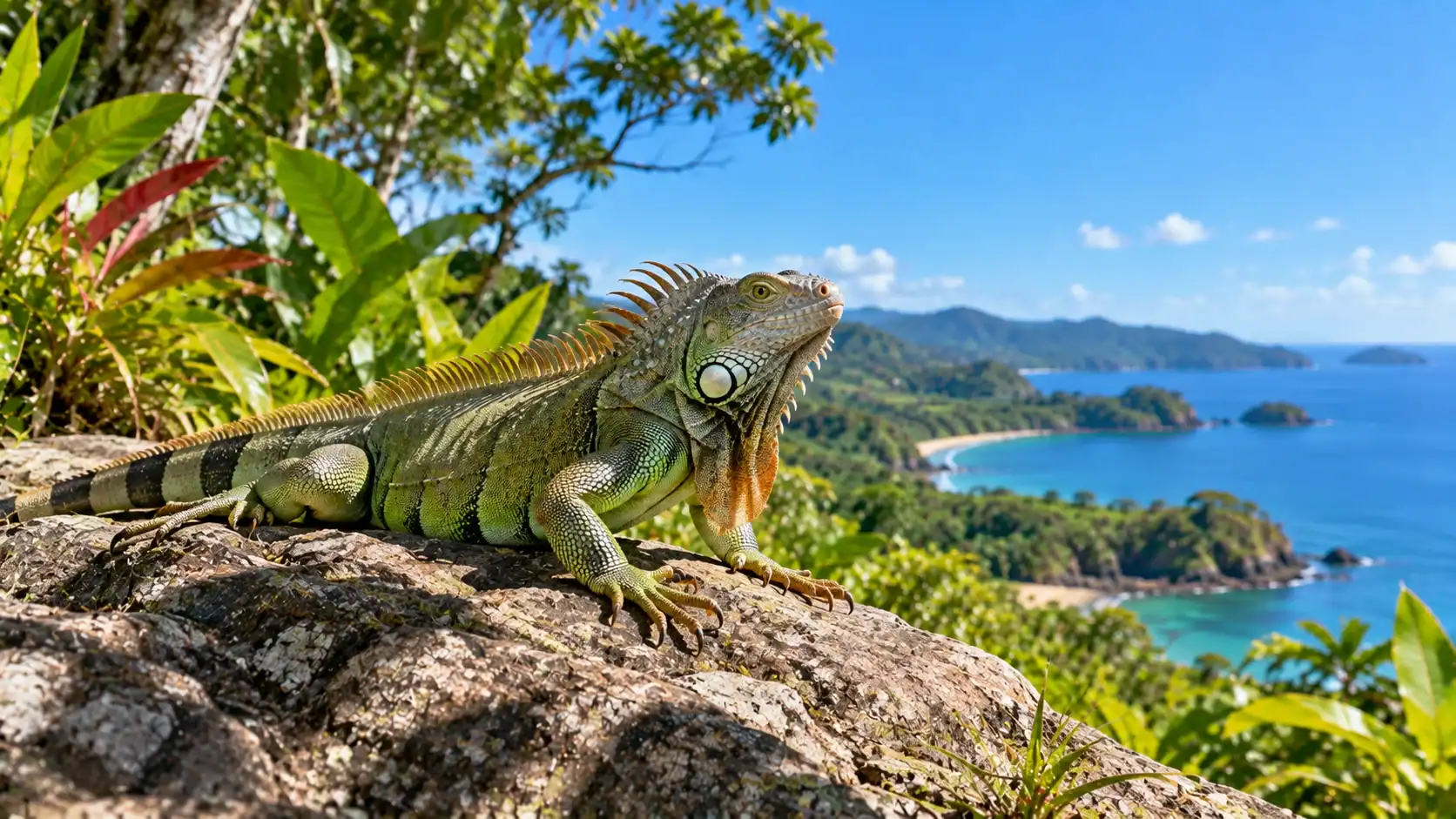A green iguana resting on a sunny rock in Costa Rica