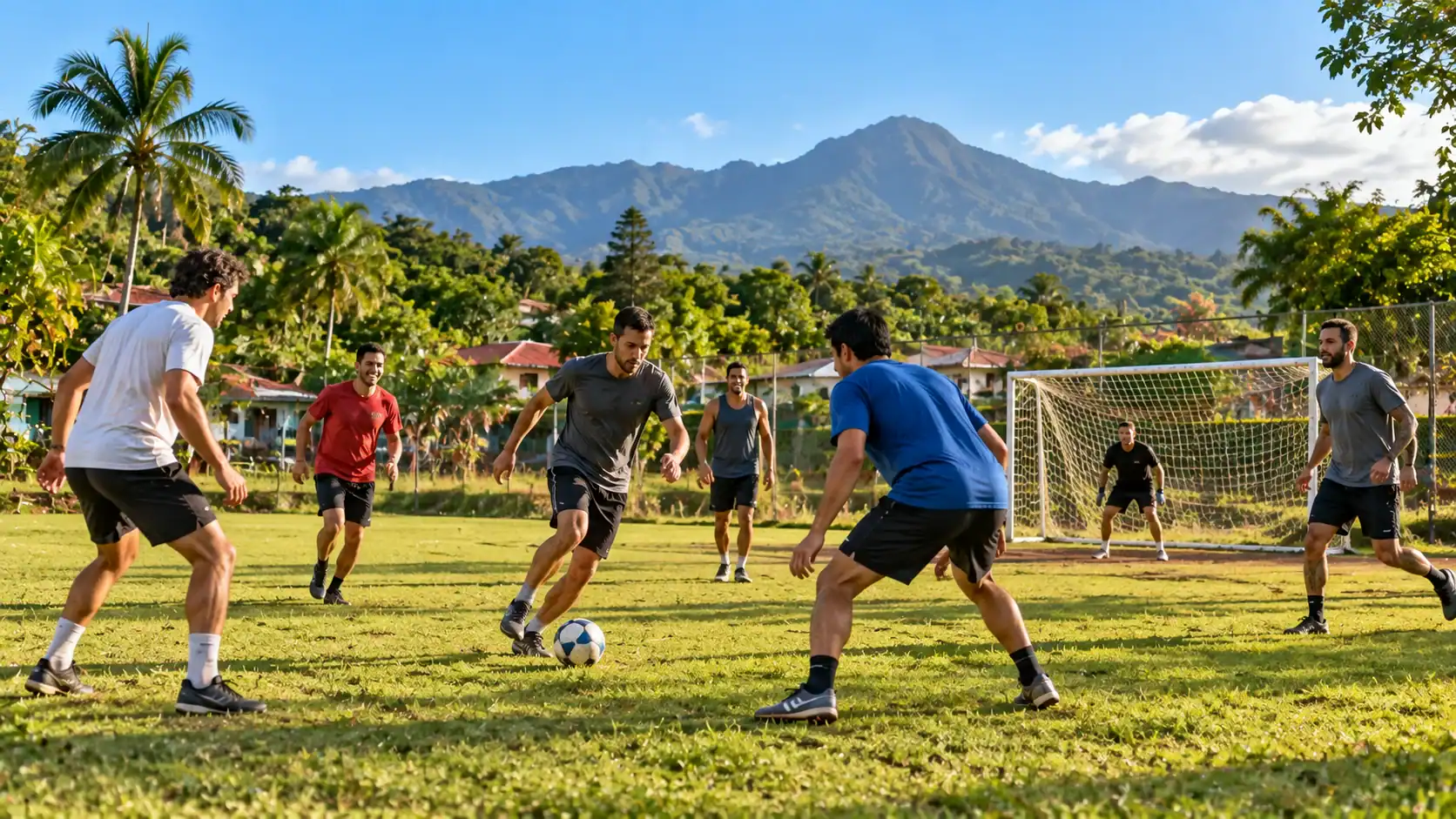 A group of friends playing soccer on a community field in Costa Rica