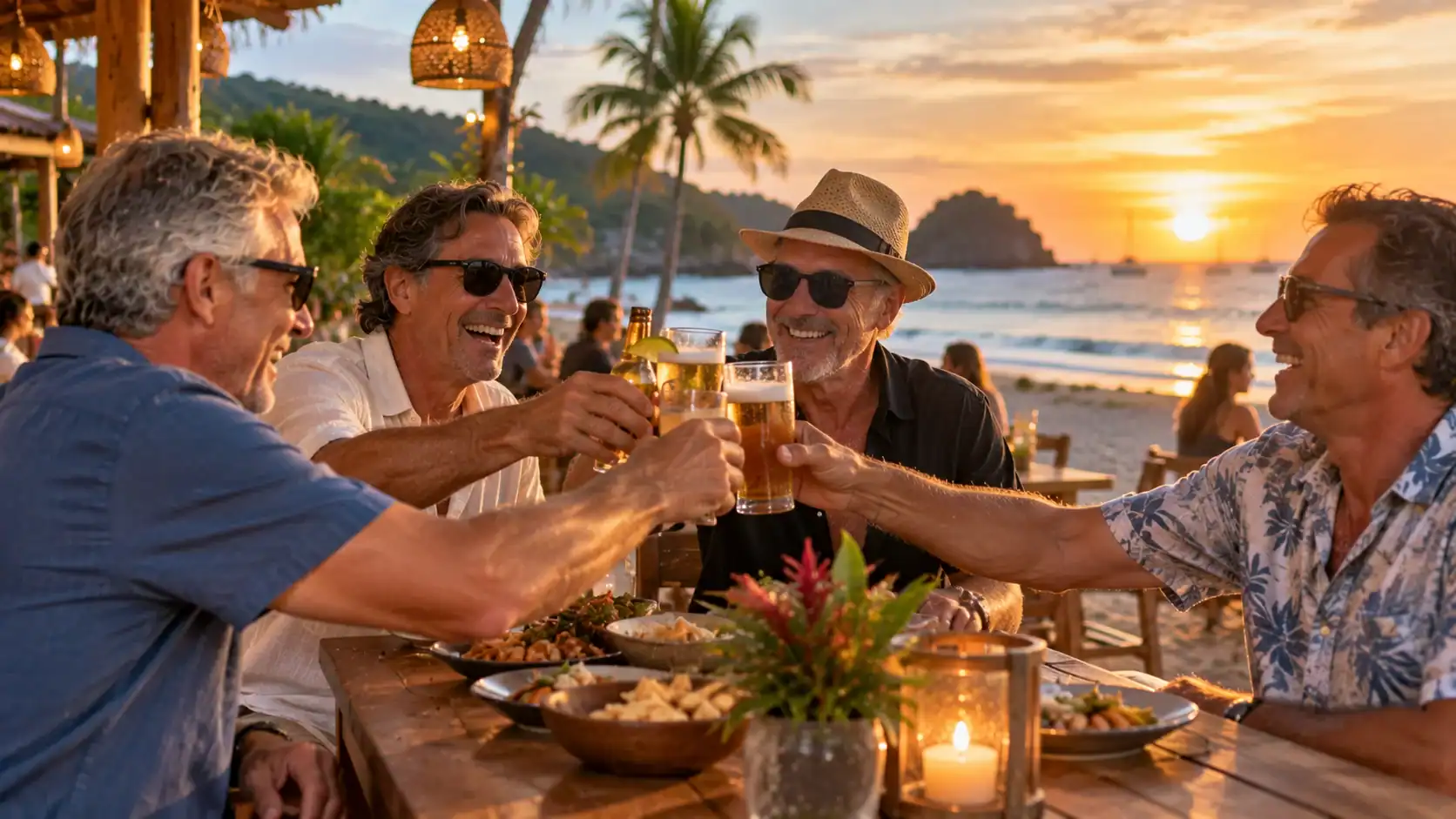 A group of male friends celebrating with drinks at a beach restaurant in Costa Rica