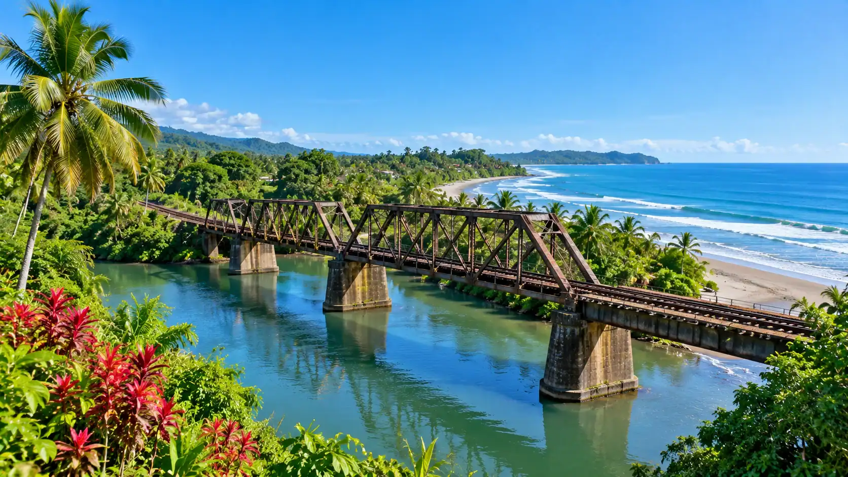 A historic railway bridge and the Caribbean coast in Limón, Costa Rica