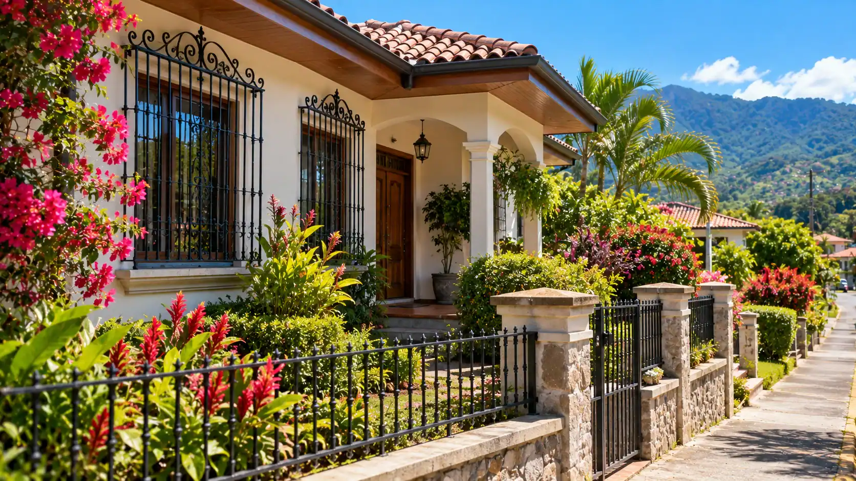 A house with decorative window bars and a flower garden in a Costa Rican town