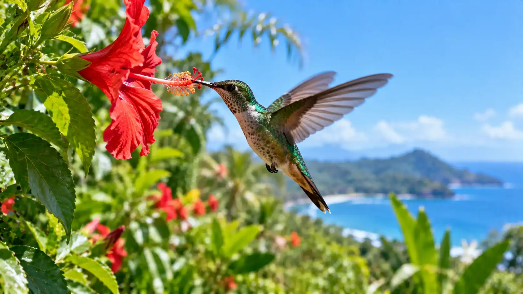 A hummingbird hovering at a red flower in Costa Rica