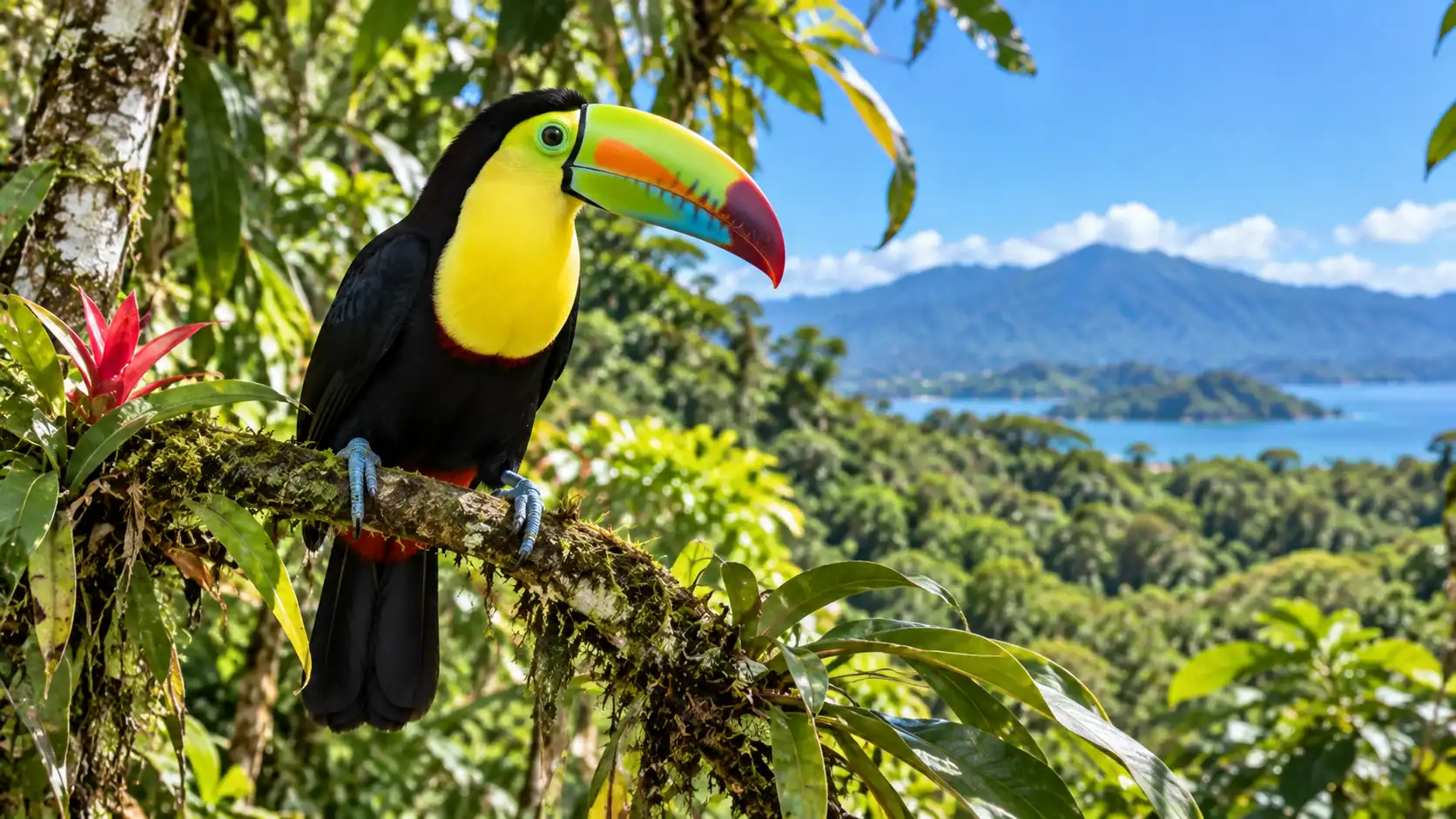 A keel-billed toucan perched on a branch in the Costa Rican rainforest