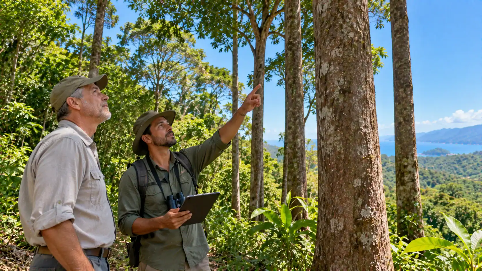 A landowner and a forester looking at tall trees on a property in Costa Rica