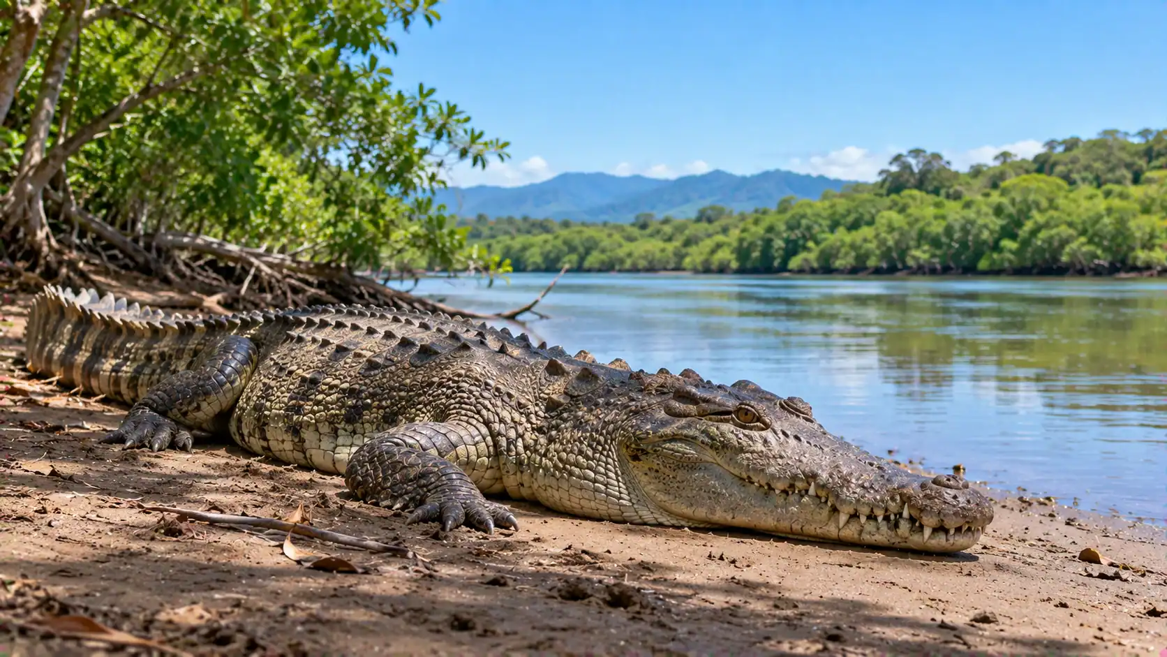 A large American crocodile resting on a riverbank in Costa Rica