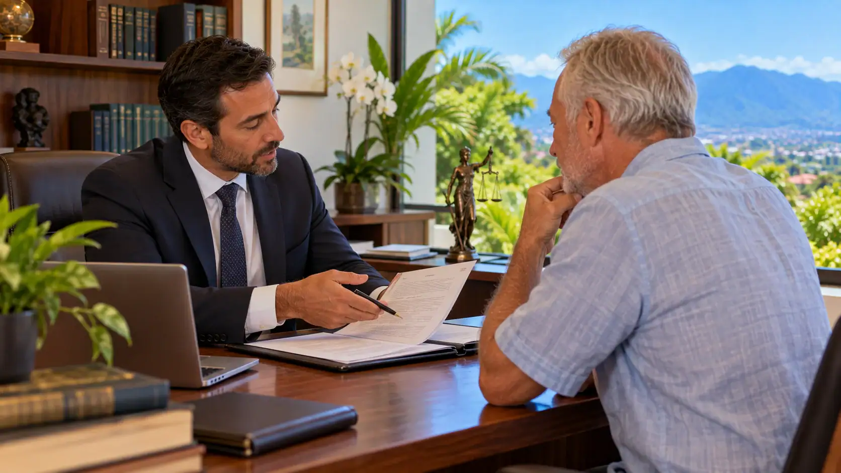 A lawyer explaining a foreign will to a client at a desk