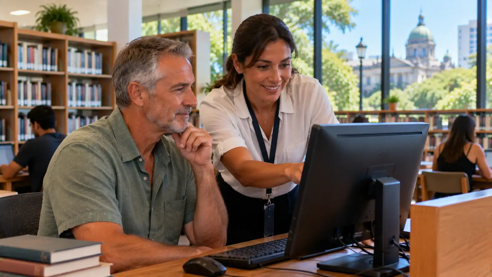 A librarian helping a patron with a digital catalog