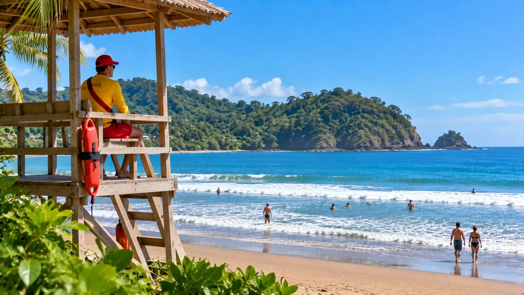 A lifeguard tower with a lifeguard watching swimmers at a Costa Rican beach