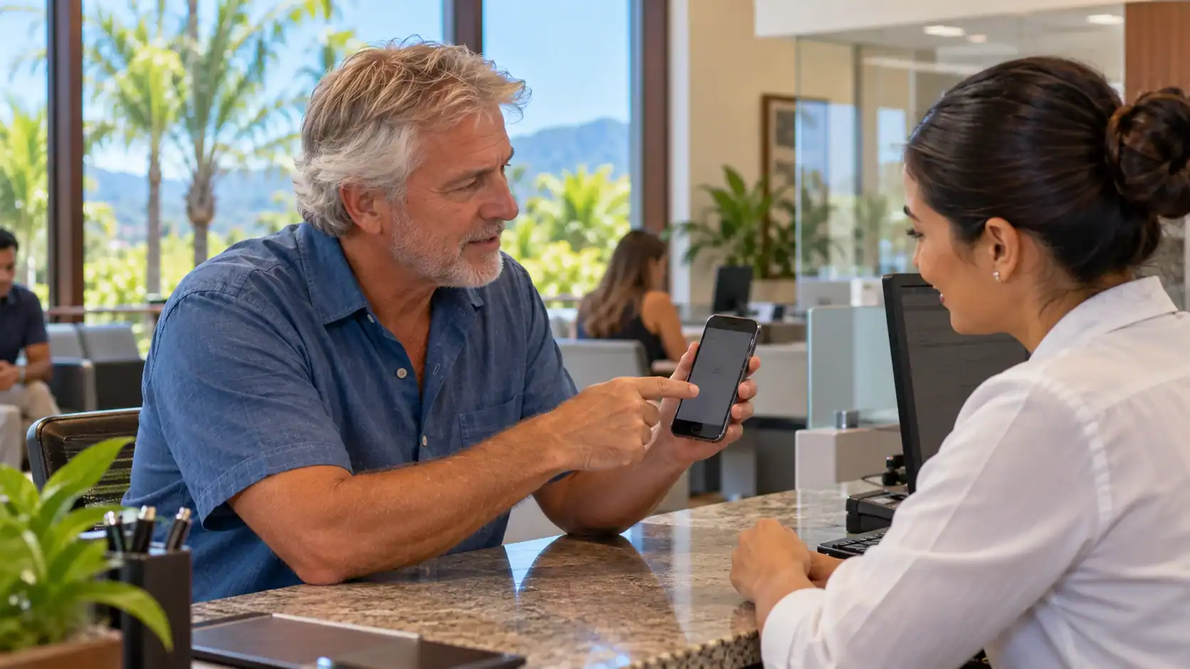 A man asking a bank clerk a question with a translation app on his phone
